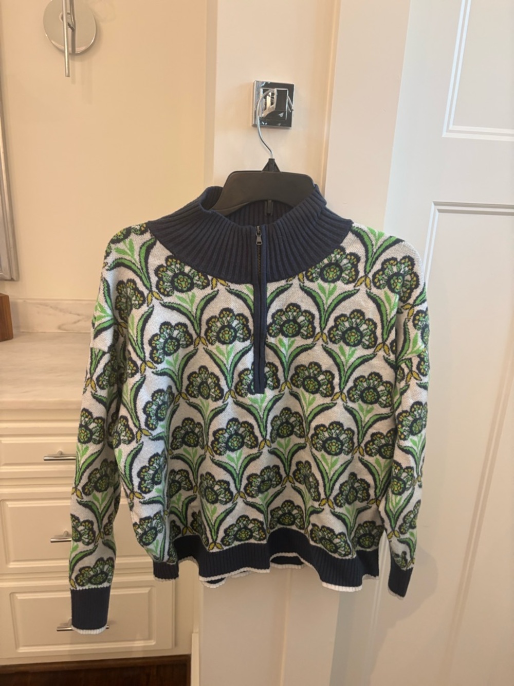 Anthropologie Navy, Green & White Floral Half-Zip Turtleneck Sweater